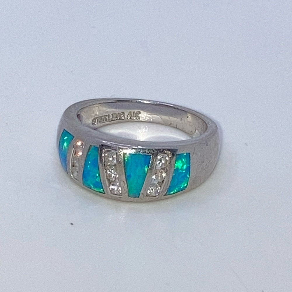 Ak Sterling Opal Inlay & Cz Stone  Dome Shaped Ring Sz 6.75